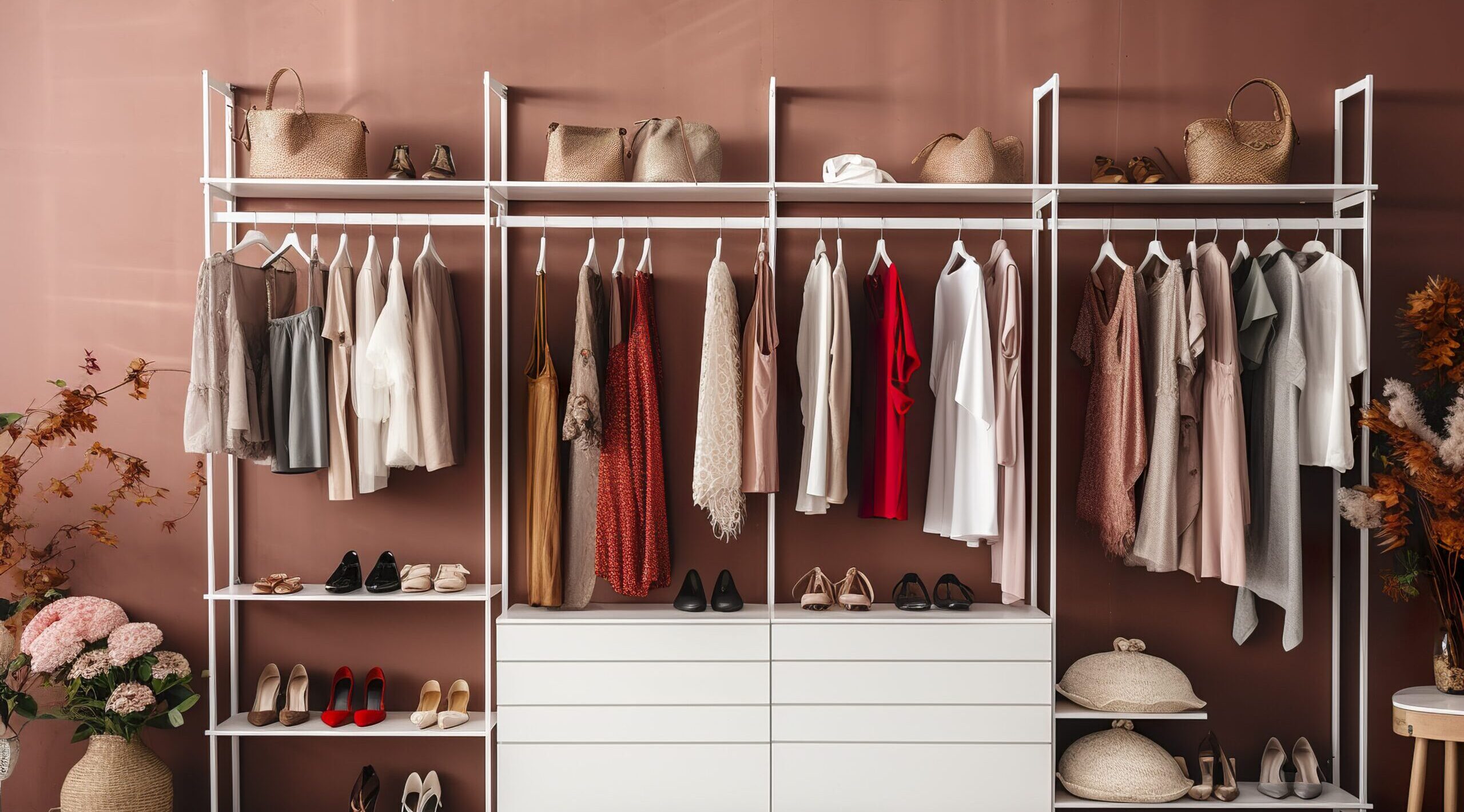 Stylish female clothes and shoes in a boutique.