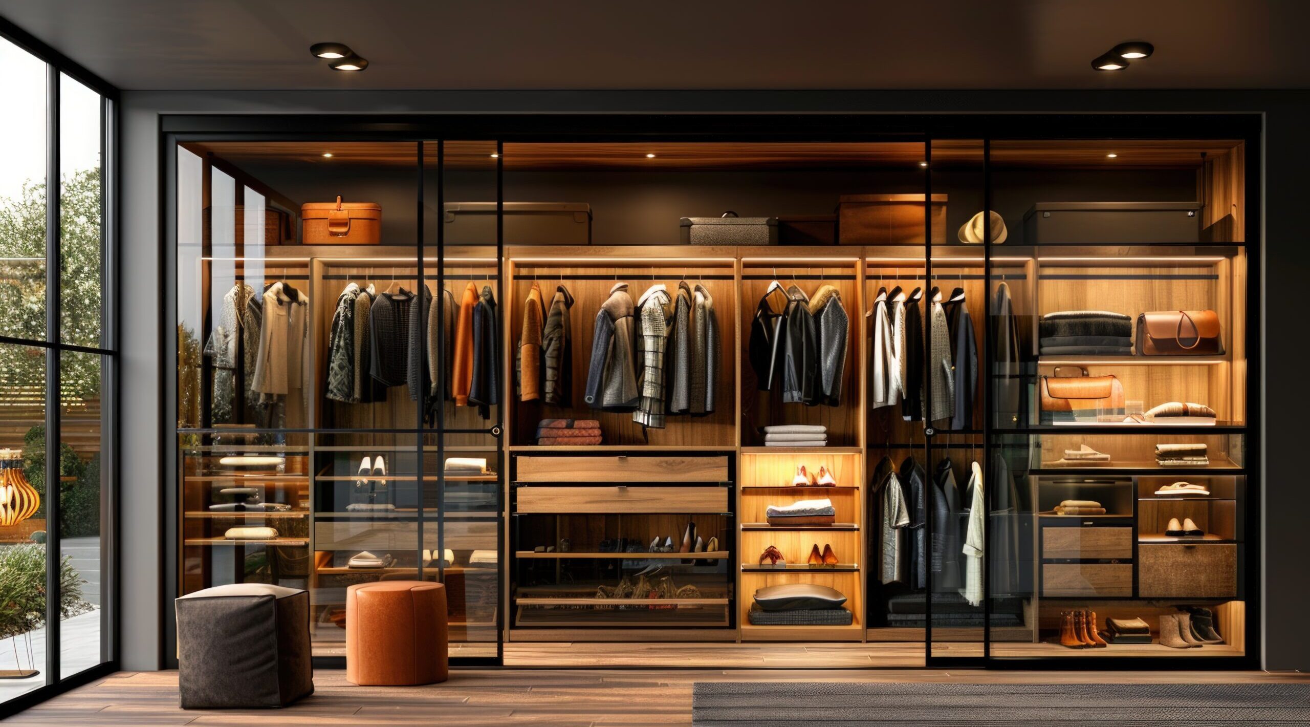 A spacious walk-in closet showcases an organized and elegant storage solution. Clothing hangs neatly on rods, while shelves display shoes and accessories in an orderly fashion. Drawers offer concealed storage options, maintaining a clutter-free environment. The warm, inviting lighting highlights the textures and colors of the items. This setup represents a refined approach to home organization and lifestyle management. The image could be used for home improvement, organization, and lifestyle content.